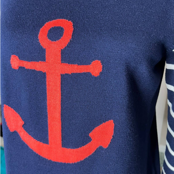 Crown & Ivy Women's Sweater Blue Size Small w/Orange Anchor and Striped Sleeves - Picture 2 of 5